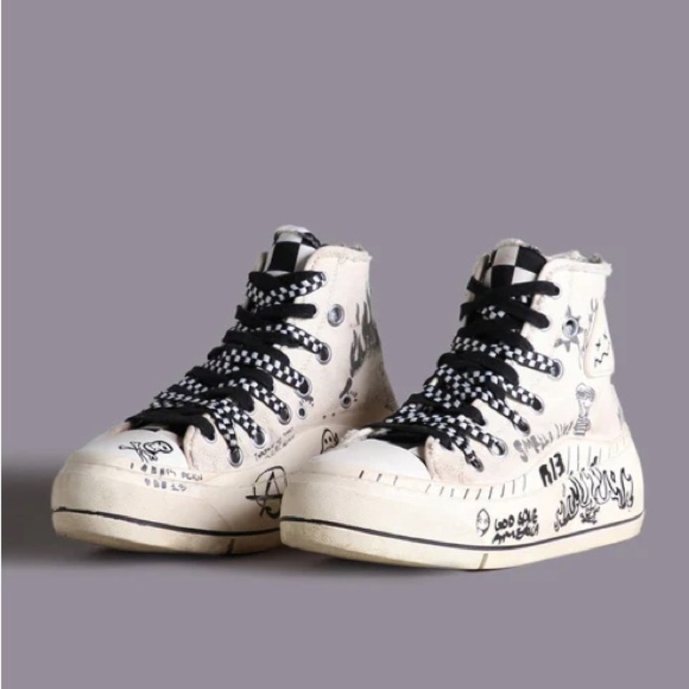 R 13 DOUBLE GROMMET KURT HIGH TOP SNEAKER Graffiti Ecru Checker size 9